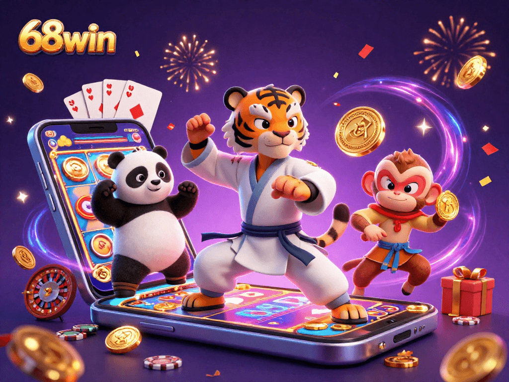 Experience thrilling wins at 68win with a vibrant illustration of playful characters in a magical casino setting.