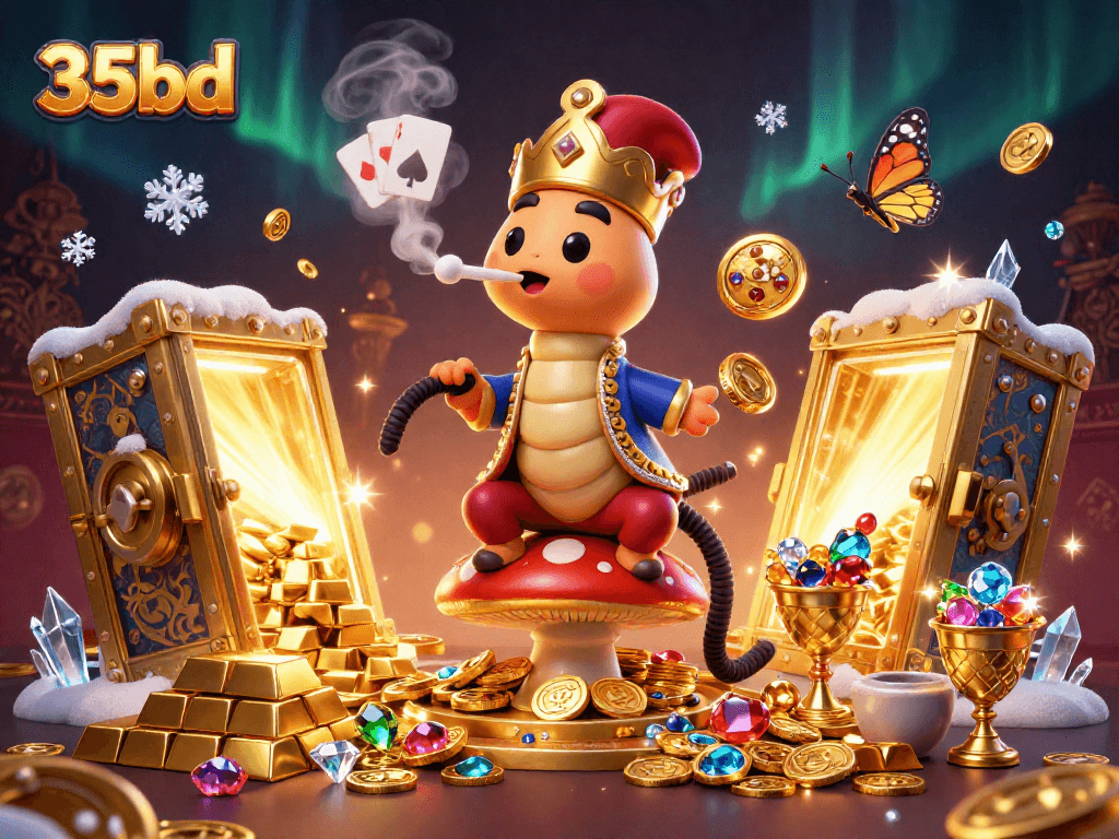 Experience the thrilling atmosphere of 35bd with a dynamic casino scene featuring vibrant poker hands and golden treasures.