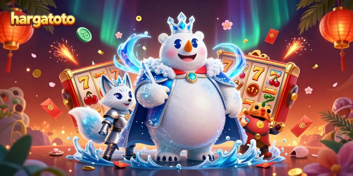 Engage with hargatoto's vibrant casino atmosphere featuring dynamic characters surrounded by slot reels and festive elements.