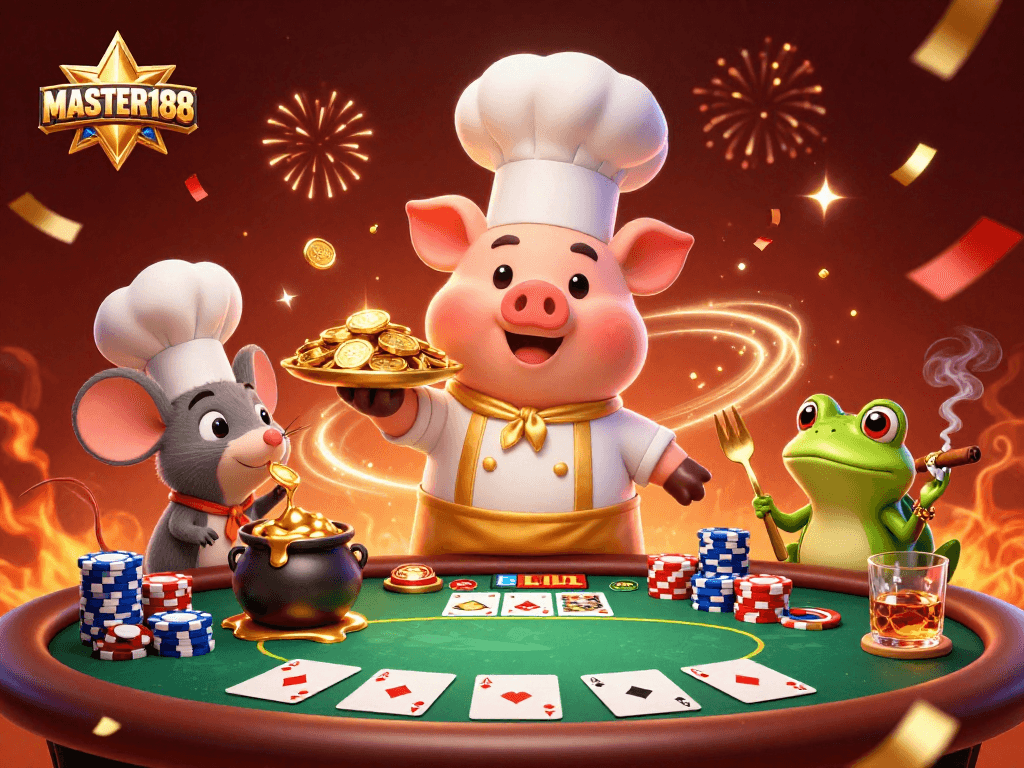 Engage in the thrill of poker with MASTER188 as a chef pig serves gold coins in a vibrant casino scene.