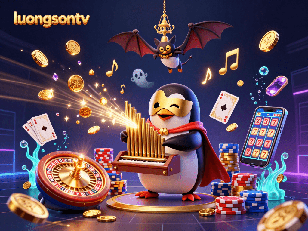 Experience exhilarating moments with luongsontv as a phantom opera penguin plays an organ shooting coins in a dynamic casino scene.