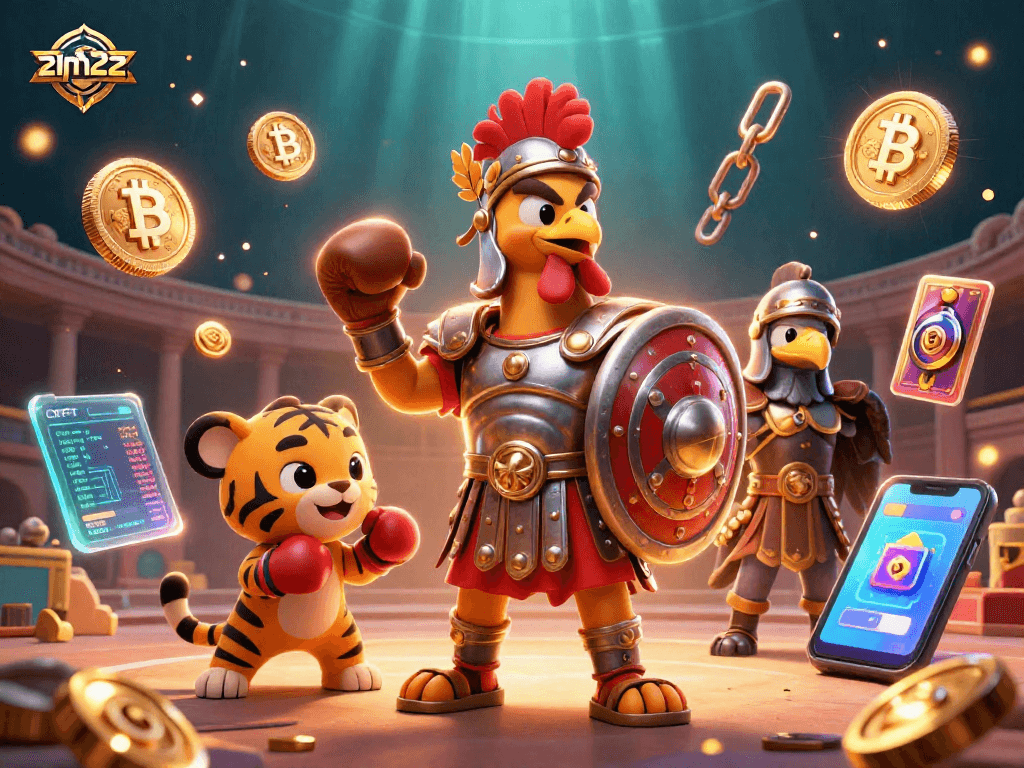 Win big with 21ph222 in a dynamic casino scene featuring a rooster and crypto elements.
