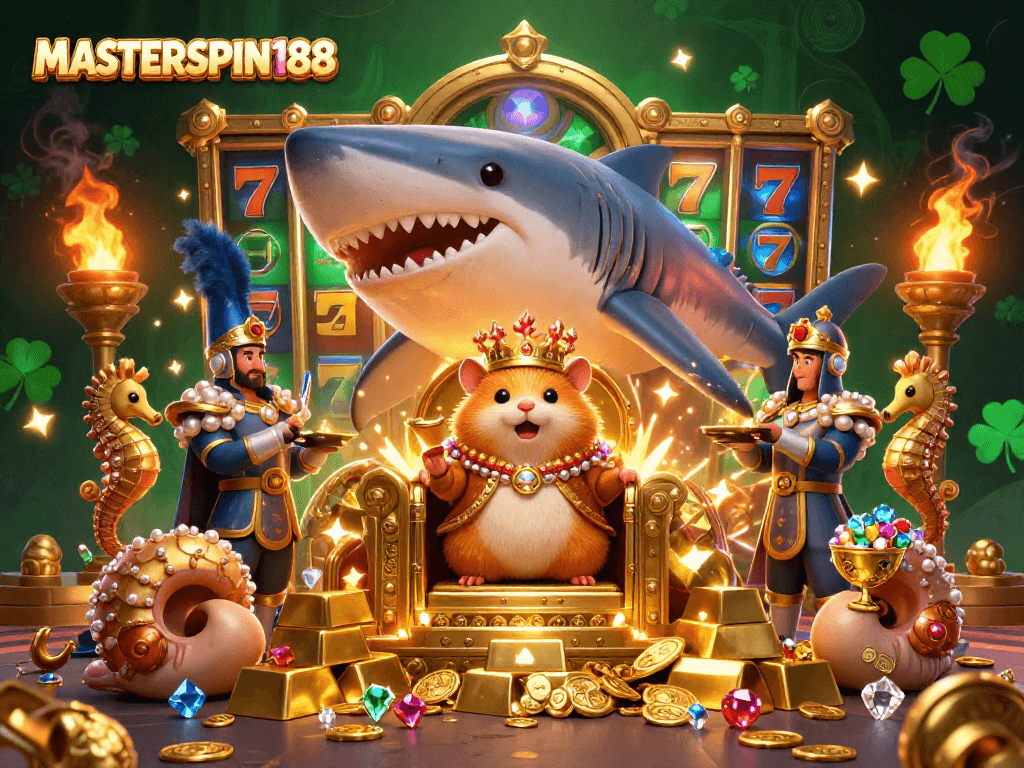 Experience the luxury of MASTERSPIN188 with a golden hamster king atop a treasure vault, surrounded by slot machines and jewels.