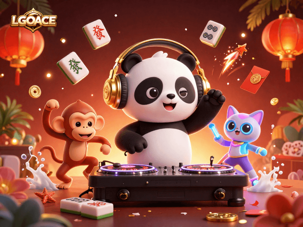 LGOACE offers a vivid scene of a DJ panda and friends dancing among vibrant casino elements.