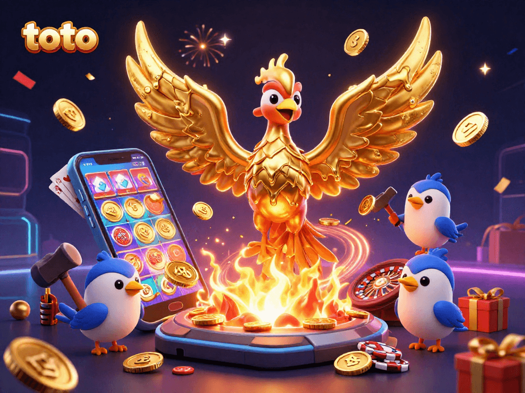 Toto menampilkan phoenix emas bercahaya yang meneteskan koin di latar belakang permainan kartu dan slot.