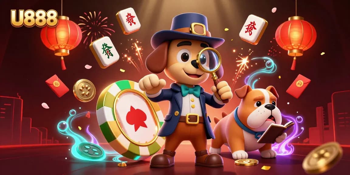 U888 reveals winning poker strategies through a detective dog and bulldog illustration.