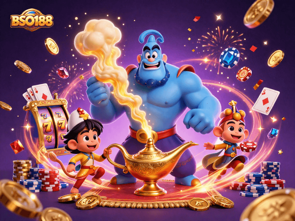 Experience winning thrills with BSO188's dynamic 3D cartoon genie scene filled with casino magic and excitement.