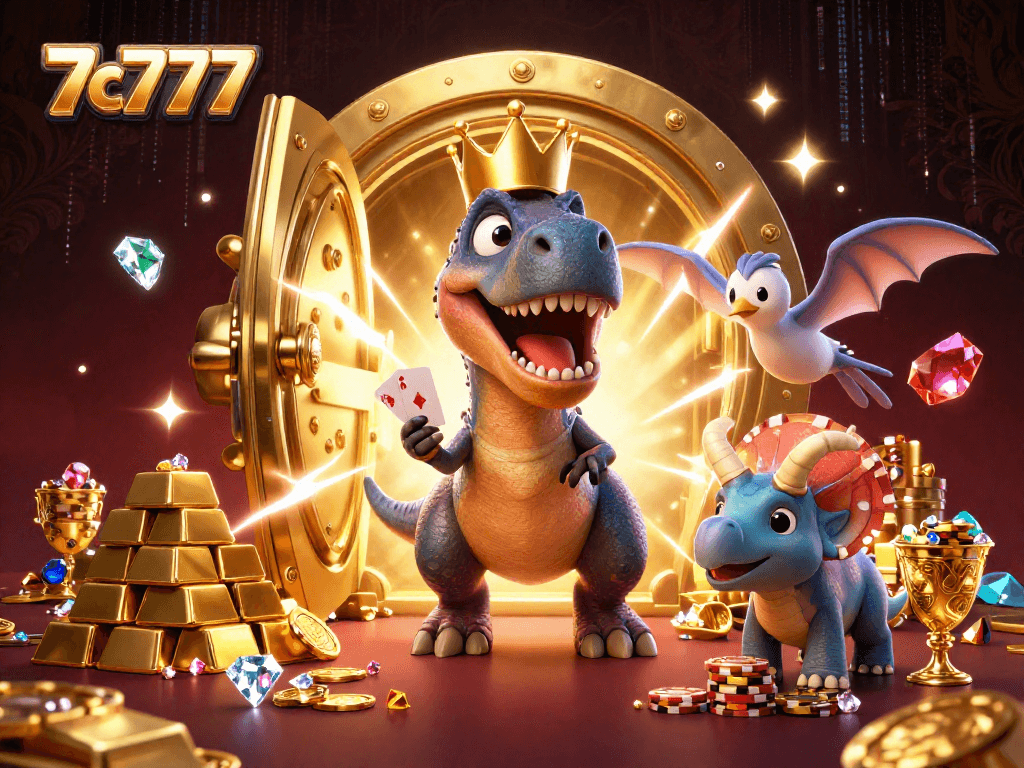 Join the fun at 7c777 as a T-Rex and friends play poker amid dazzling gems and gold!
