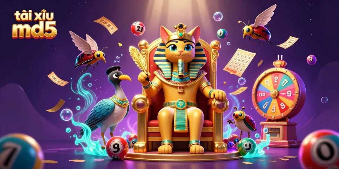 Immerse in the vibrant atmosphere of tài xỉu md5 featuring a pharaoh cat and colorful lottery elements.
