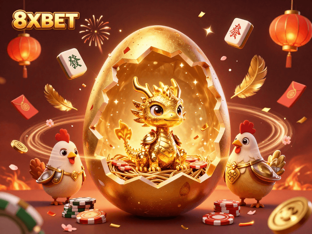 Experience the excitement of 8XBET with a vivid 3D illustration of a golden dragon surrounded by gambling elements.