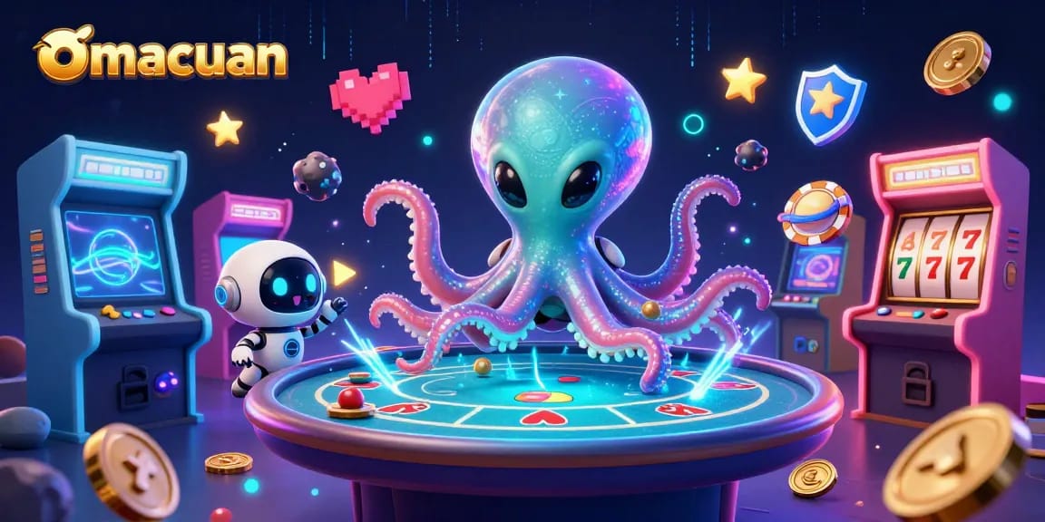 Permainan seru menggunakan omacuan dalam ilustrasi kasino 3D penuh warna dengan karakter kartun.