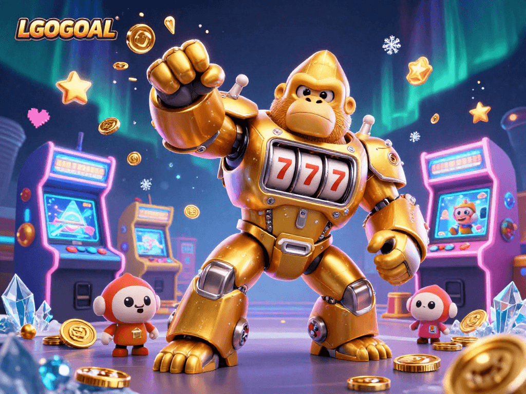 Engage with LGOGOAL's gaming excitement featuring a golden gorilla mech and colorful arcade elements.