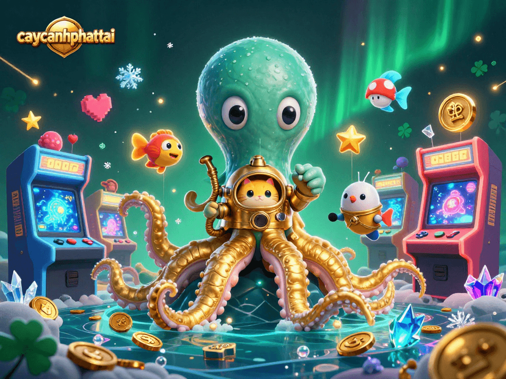 Win big with caycanhphattai in a vibrant 3D casino scene featuring a kraken and diving cat.
