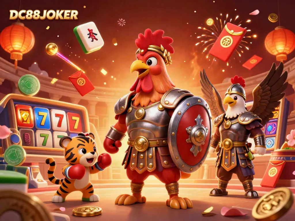 Engage with the dynamic casino scene featuring DC88JOKER's rooster character amidst vibrant game elements.