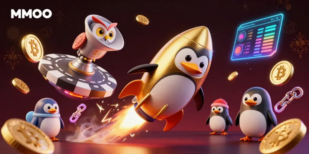 Experience thrilling adventures with MMOO as a golden penguin rockets toward a casino in space, leaving a trail of coins.