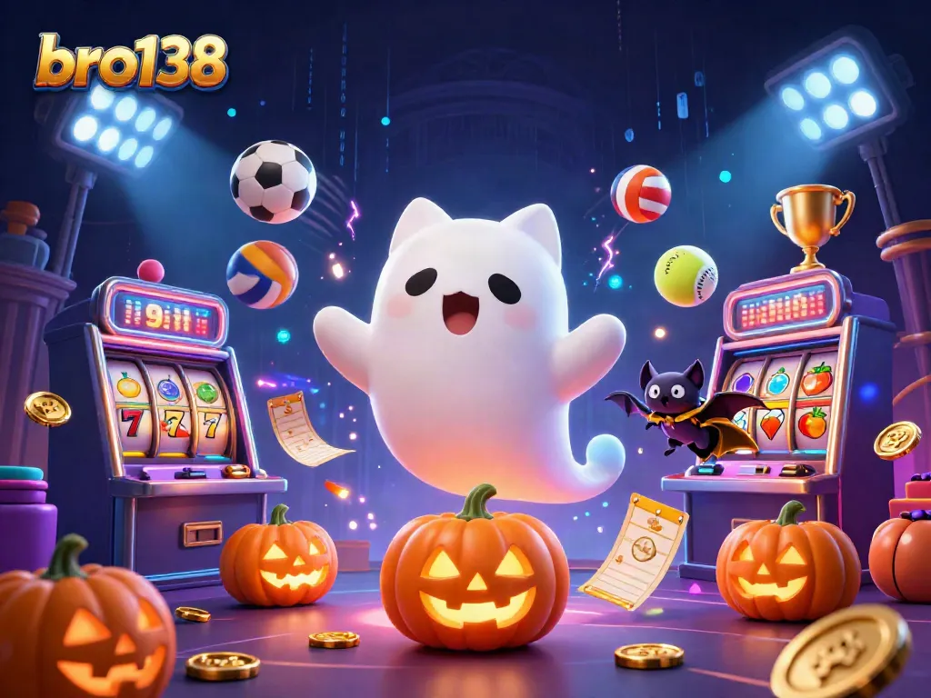 Spin to win with bro138's thrilling slot experience surrounded by ghostly companions and vibrant casino elements.