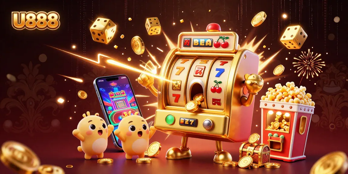 U888 slots experience with a joyful golden slot machine winning a jackpot and celebrating coins flying