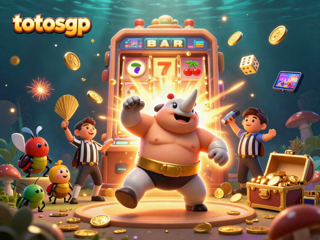 Experience the excitement of totosgp with a vibrant scene of a beetle sumo champion amidst casino games.