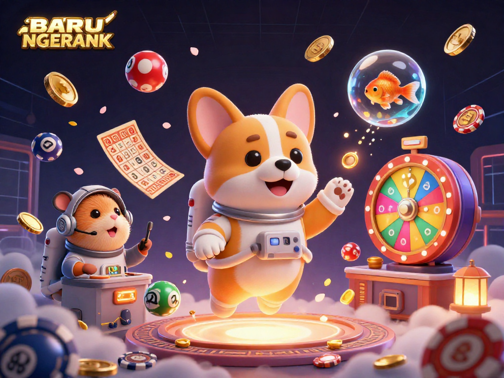 Play exciting casino games at BARU NGERANK with a vibrant 3D scene featuring a floating astronaut corgi.