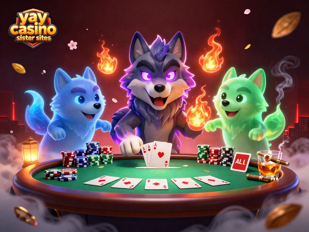 Play exciting games at yay casino sister sites with glowing wolf pack leaders and poker elements.