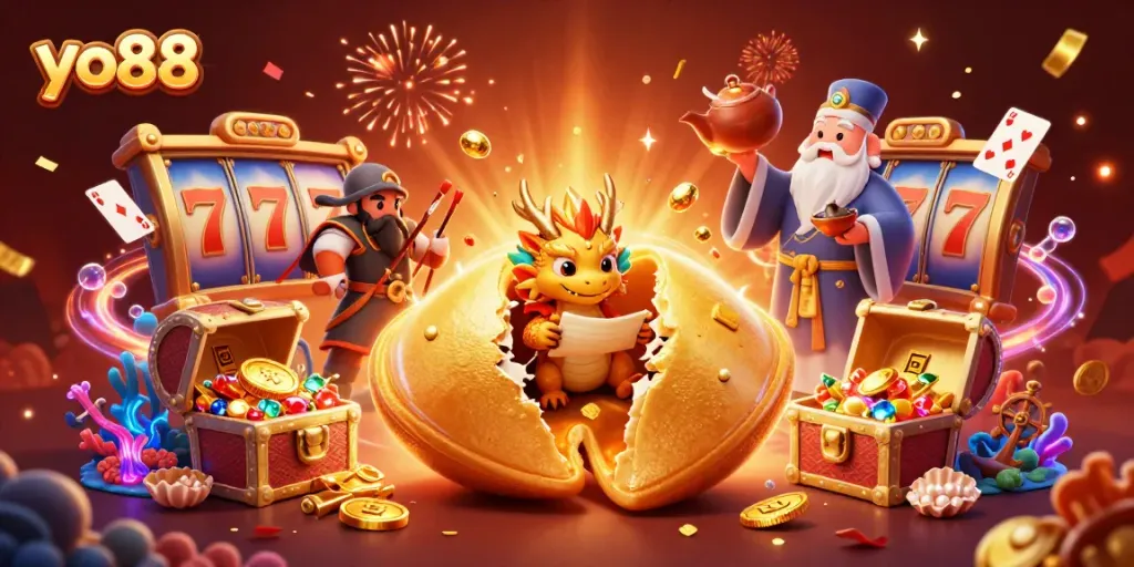 Engage with thrilling yo88 slots featuring golden fortune cookie and dragon in a vibrant casino scene.