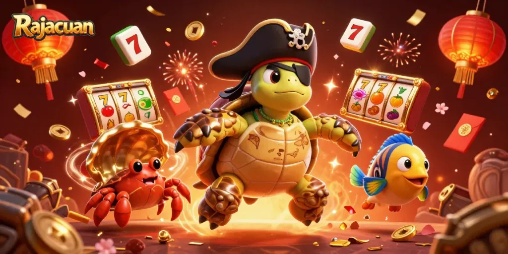 Rajacuan menunjukkan karakter 3D lucu bermain permainan slot dengan visual cerah dan detail menakjubkan.