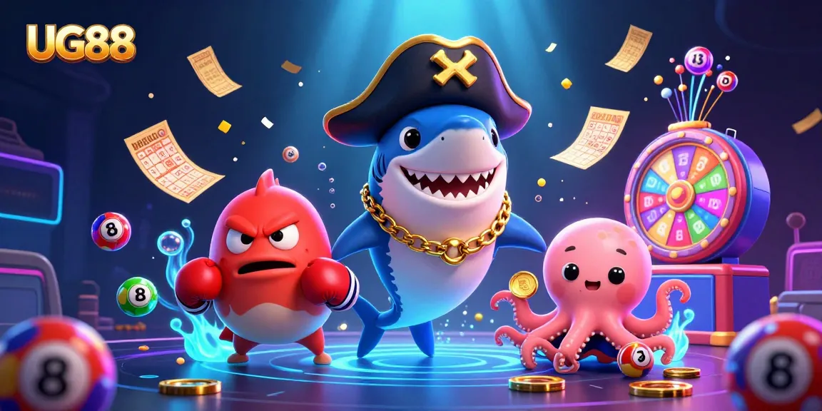 Win big at UG88 with a vibrant 3D casino scene featuring playful characters and lottery excitement.