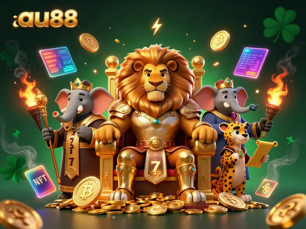 Engage in exciting slot action with Au88, featuring a lion king on a throne of gold coins surrounded by vibrant gaming elements.