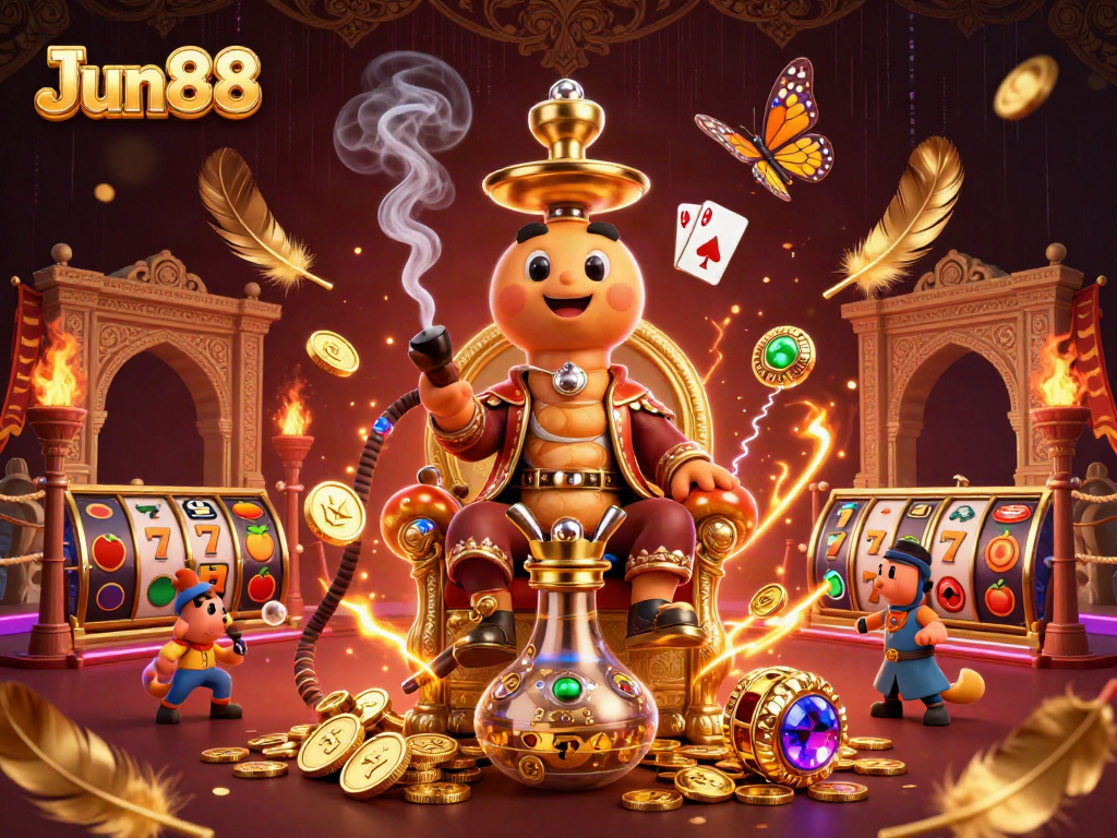 Experience immersive gaming with Jun88's vibrant 3D digital illustration showcasing slot reels and casino elements.
