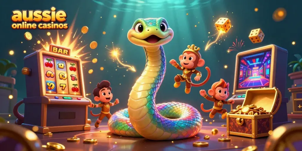 Experience thrilling gameplay at aussie online casinos with vibrant characters and exciting game elements.