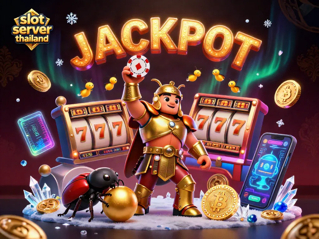Spin the reels for big wins at slot server thailand, featuring a gladiator beetle and vibrant casino elements.