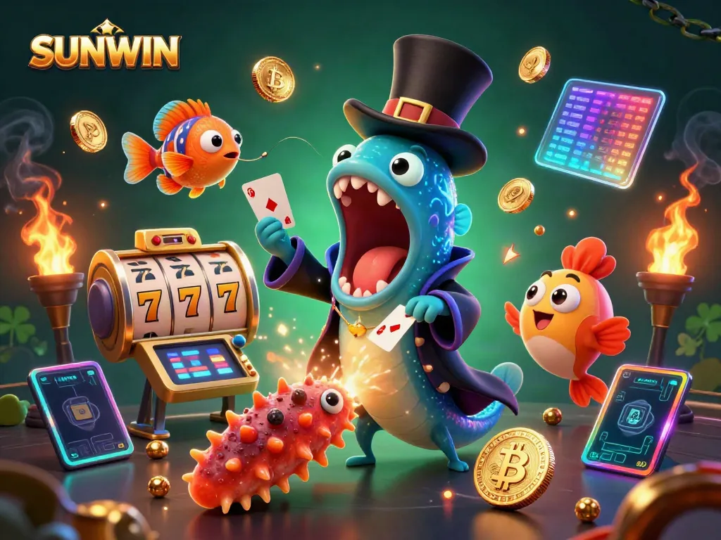 Engage in thrilling casino magic with SUNWIN, featuring a deep-sea eel performing card tricks amidst vibrant slot reels and crypto coins.