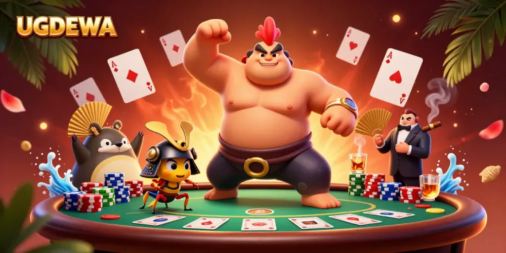 Engage in exciting gameplay at UGDEWA, featuring charismatic characters and vibrant poker elements.