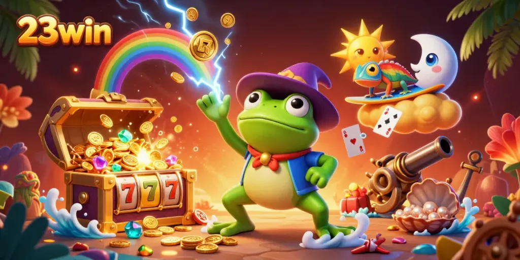 Experience exciting gameplay with 23win's vibrant casino scene featuring 3D characters, golden coins, and slot reels