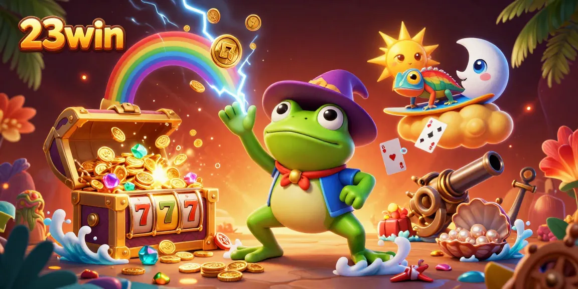 Experience exciting gameplay with 23win's vibrant casino scene featuring 3D characters, golden coins, and slot reels