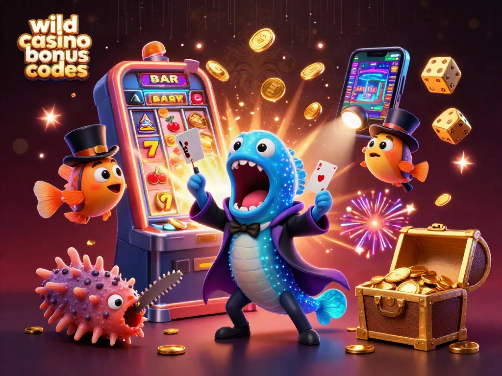 Engaging 3D scene depicting wild casino bonus codes with vibrant animation of unique sea creatures performing a magic act amid casino symbols.