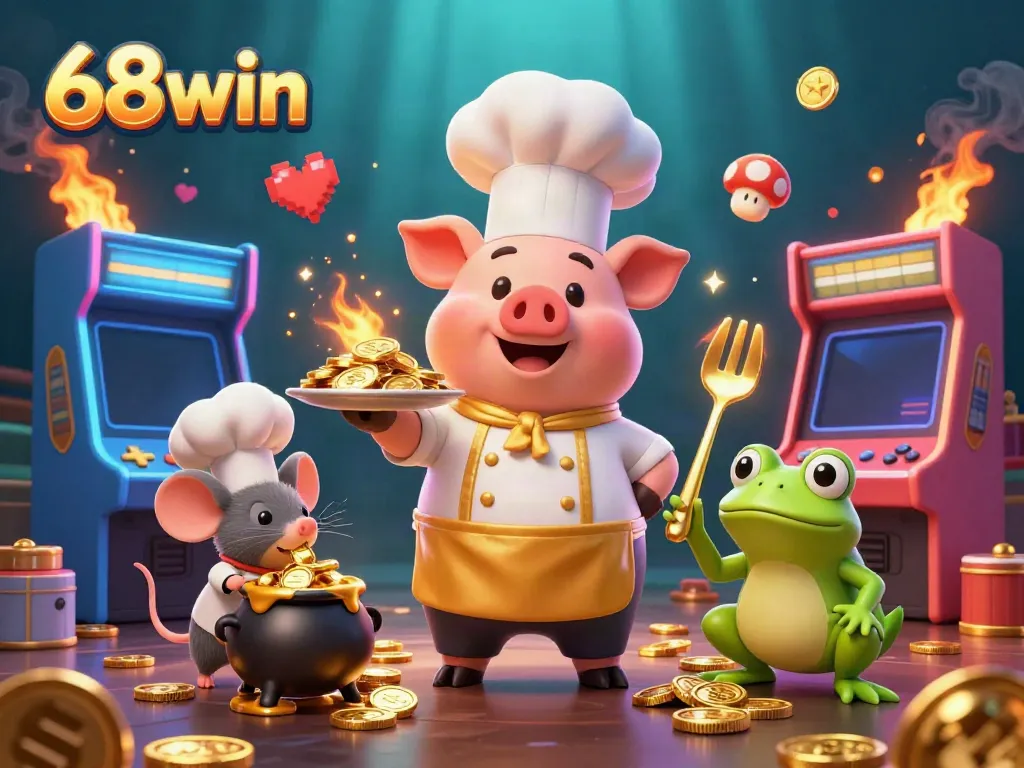 Experience the thrill of 68win through lively characters celebrating casino riches in a dazzling 3D illustration.