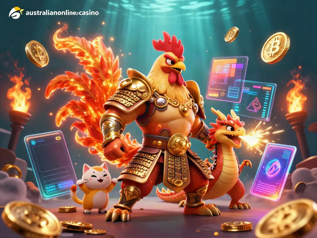 Playtop gambling action with a vibrant scene featuring characters from australianonlinecasino and crypto elements.