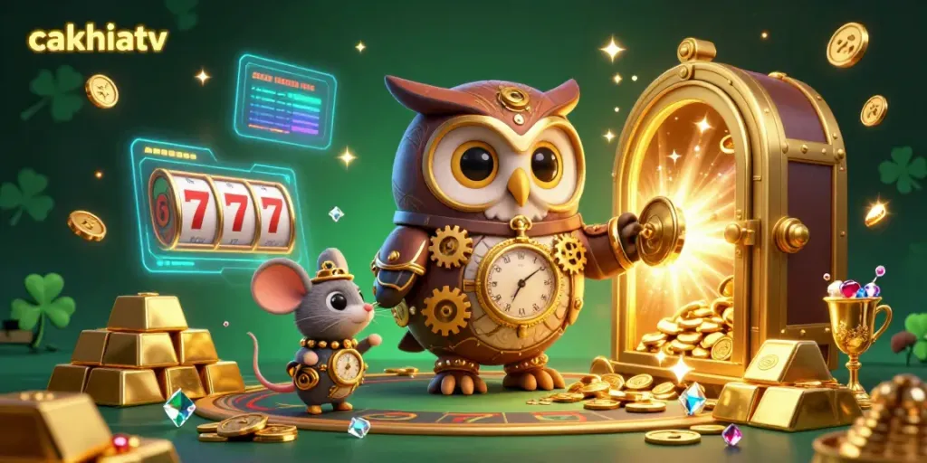Experience the thrill of cakhiatv with vibrant casino imagery featuring owls, treasures, and gameplay elements.