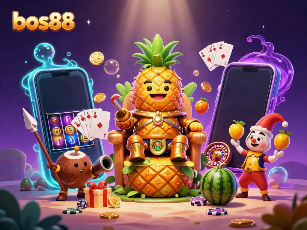 Engaging scene of bos88 where a golden pineapple king and lively characters celebrate with vibrant casino elements on a tropical beach.