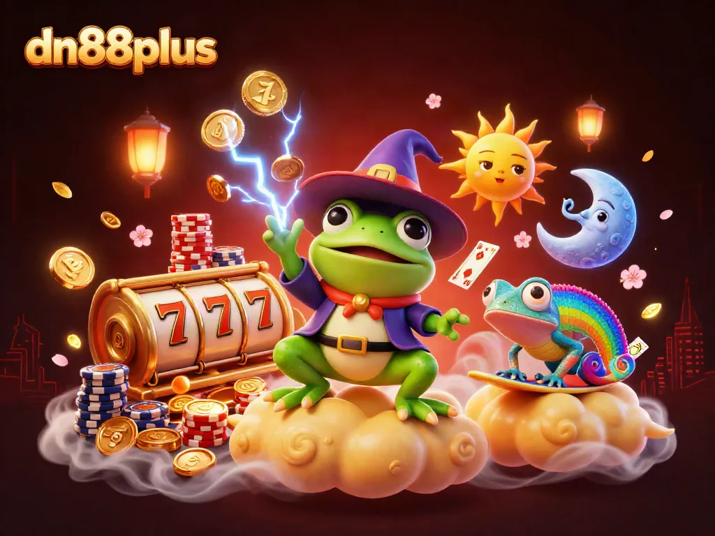 Experience the excitement of dn88plus with a magical 3D casino illustration featuring golden coins and vibrant characters.