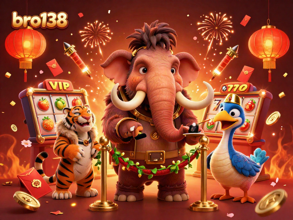 Engage with bro138 as the animated woolly mammoth checks IDs in an exciting casino scene.