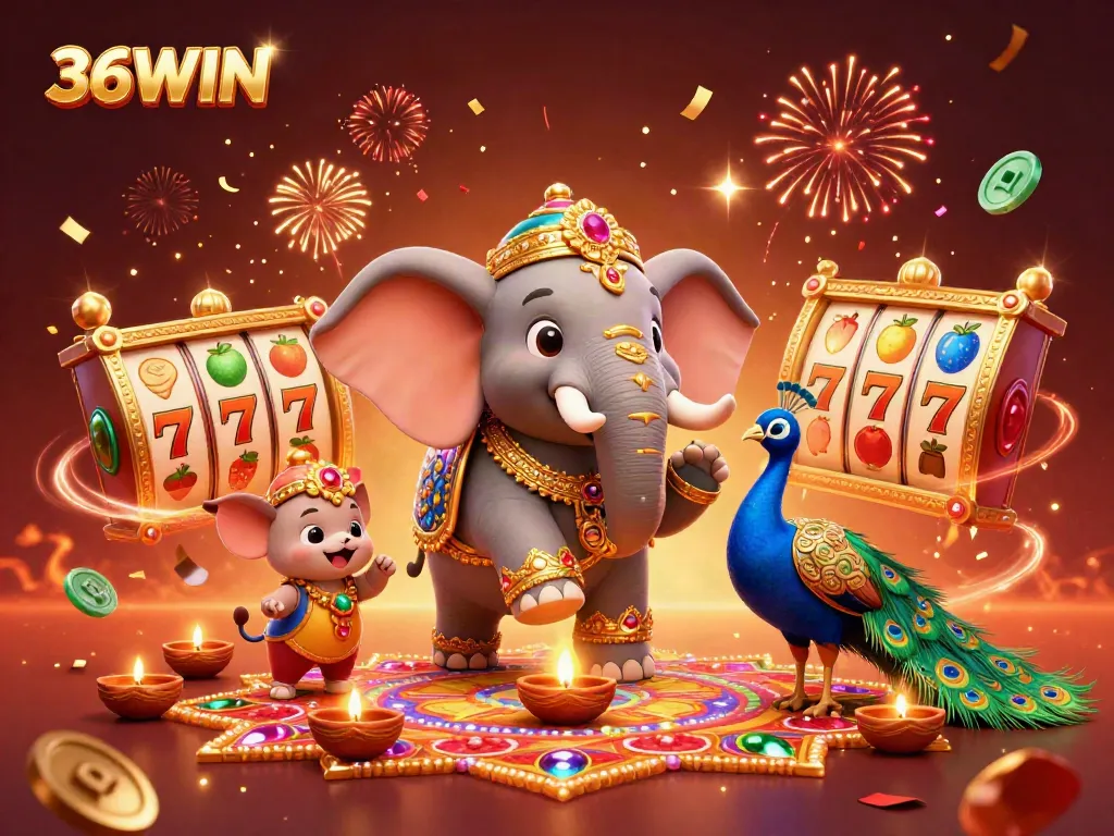 Experience the excitement of 36WIN with vibrant slot reels and festive elements in this stunning 3D illustration.