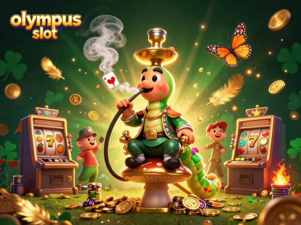 Mainkan olympus slot dengan slot machine berputar dan simbol keberuntungan yang mengkilap.