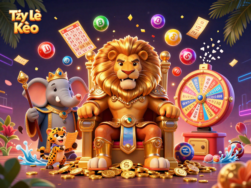 Tỷ Lệ Kèo showcases a vibrant lottery scene with a lion king and colorful game elements