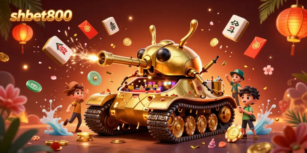 Experience the thrill of shbet800 with a cartoon casino tank shooting confetti in a vibrant atmosphere.
