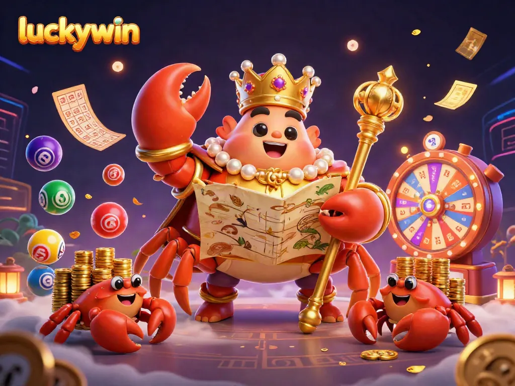 Engage with luckywin's thrilling world of online gambling featuring a cartoon crab emperor and vibrant casino elements.