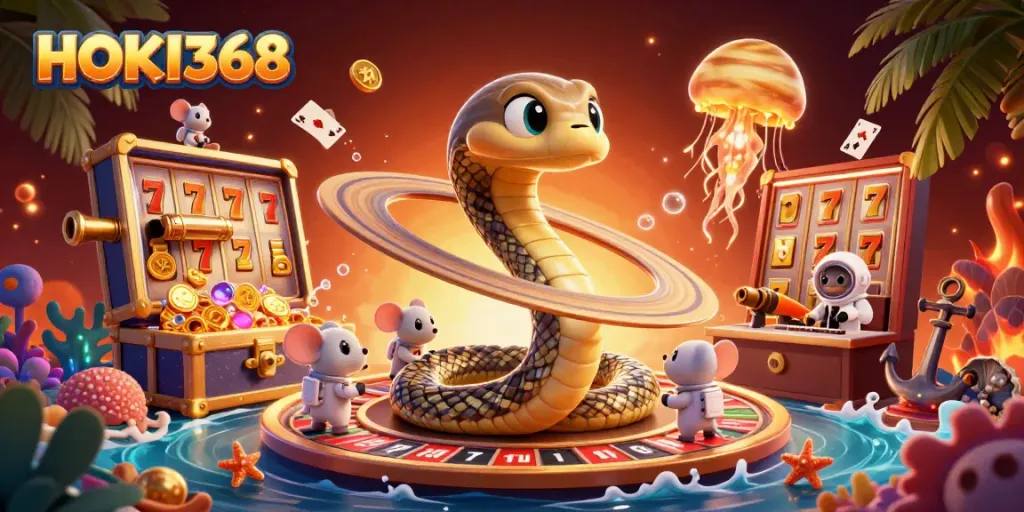 Participate in exciting gambling with HOKI368's vibrant casino-themed cosmic illustration.