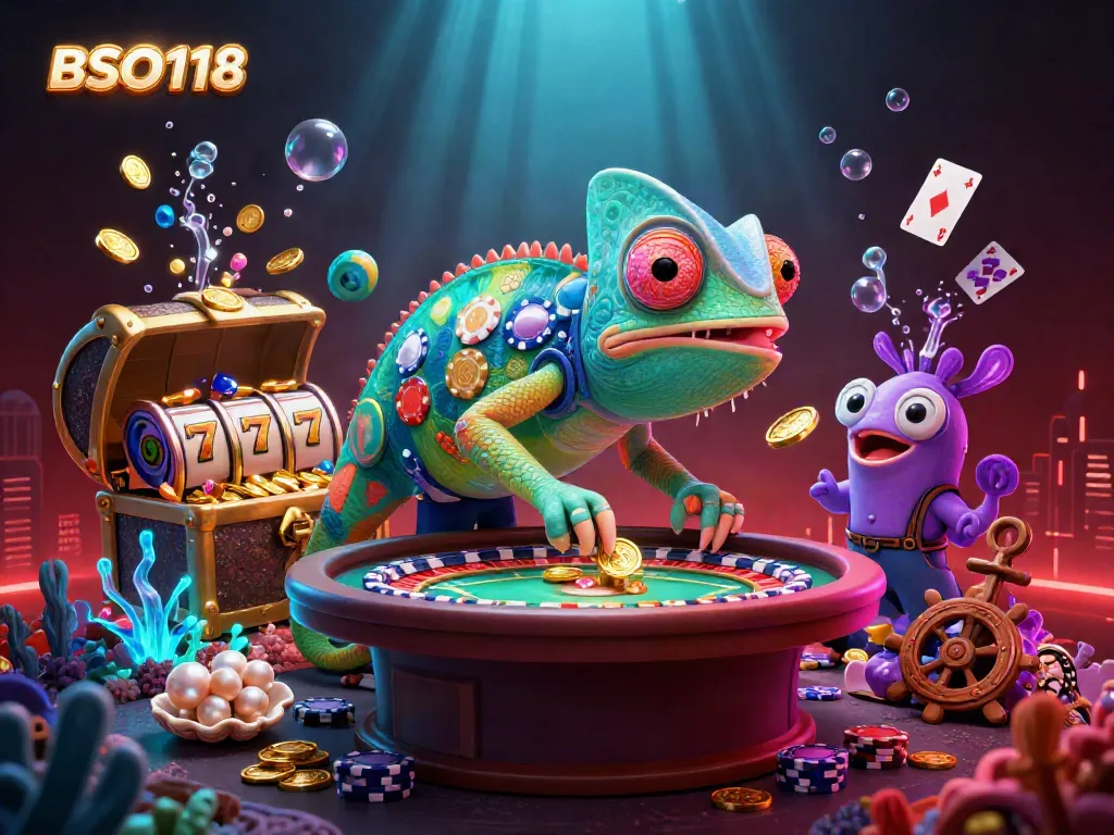 Engage with BSO118's thrilling gaming environment featuring dynamic slot reels and playful chameleon.