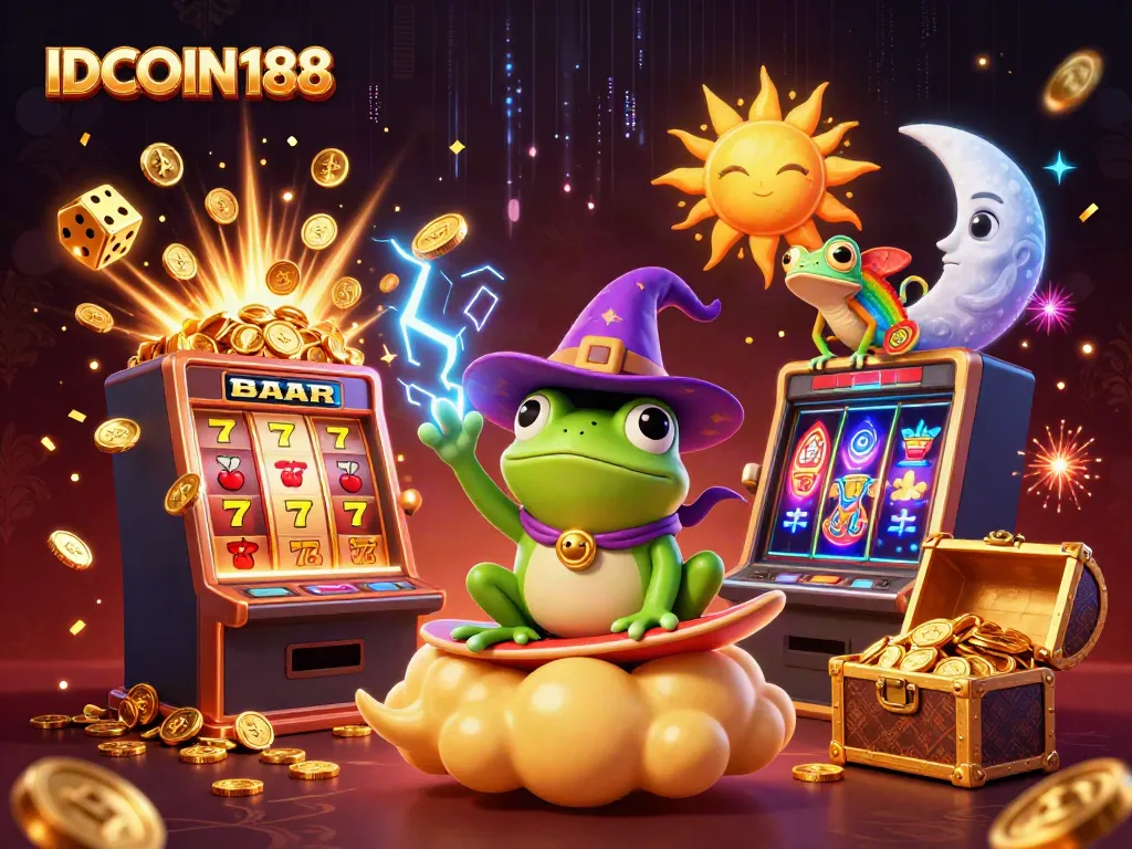 IDCOIN188 brings exciting casino action with a wizard frog, chameleon, and winning games in a colorful scene.